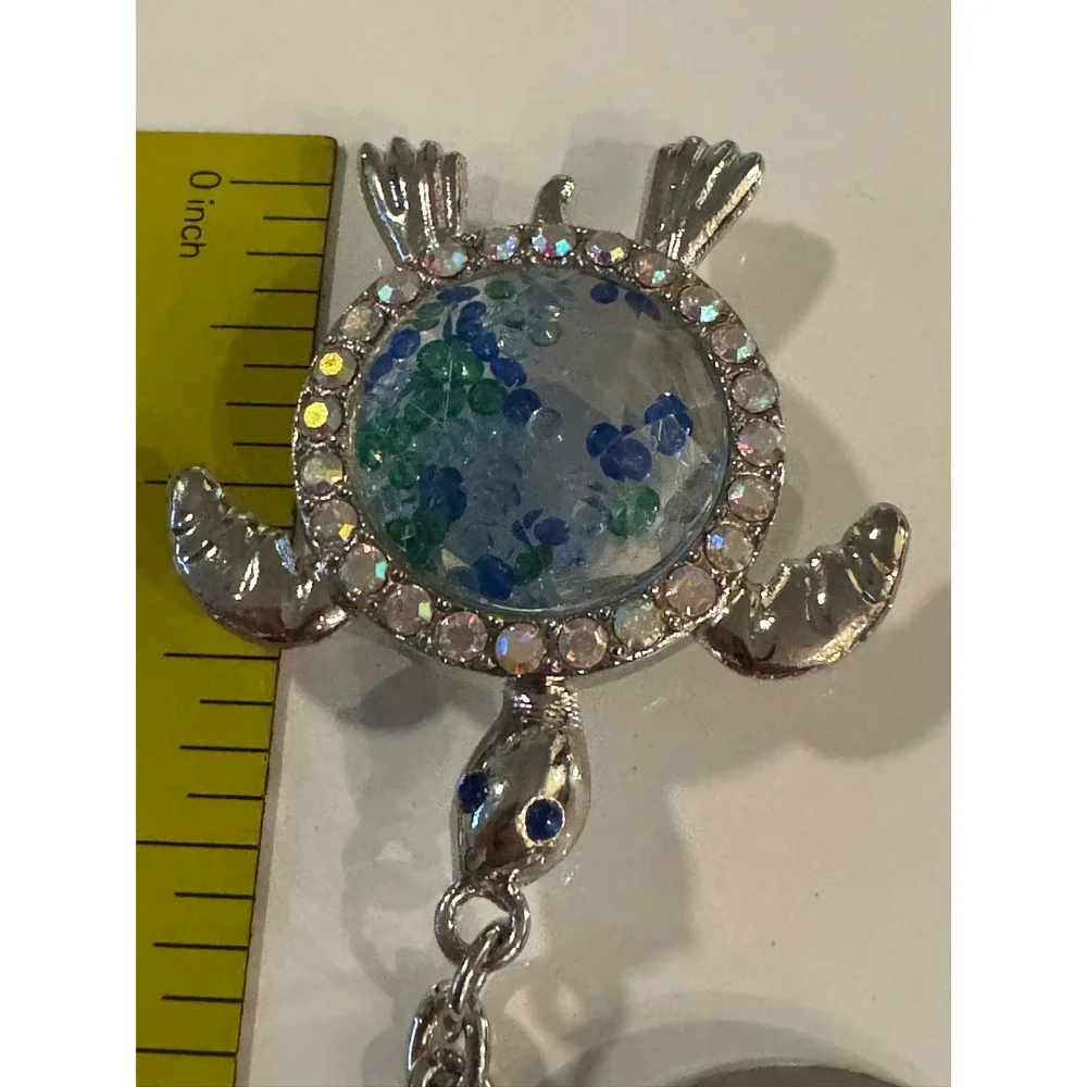Silver Sea Turtle Shaker Keychain Blue Green Crystals AB Rhinestones Pearl Charm